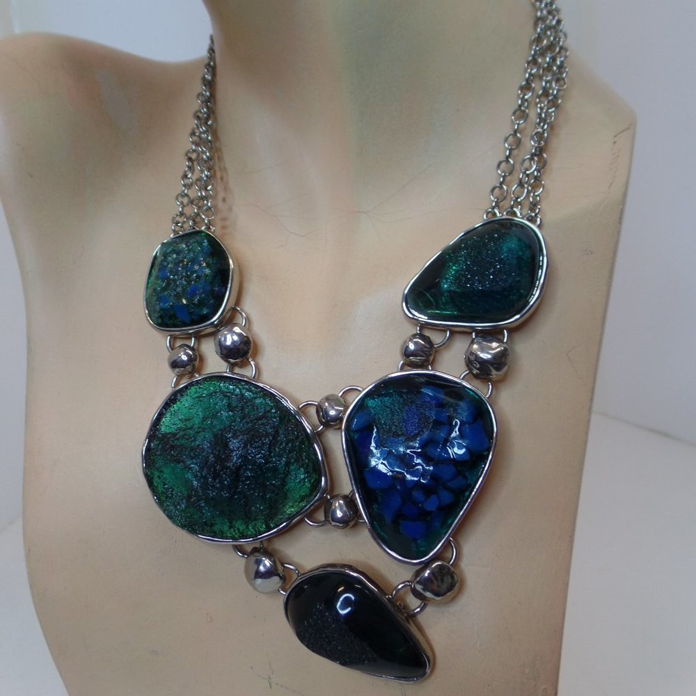 Chico's Multi Strand (3) Silvertone Bib Necklace Blue & Green Resin Very Bold!